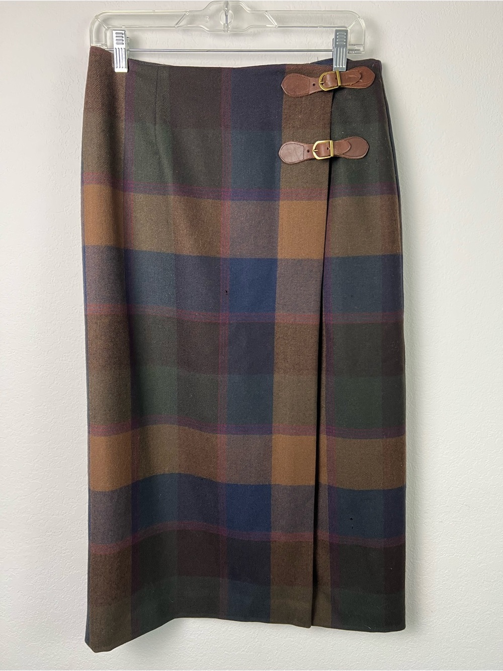 Vintage Talbots Vintage Plaid Wool Wrap Midi Skirt with Faux Leather Buckles